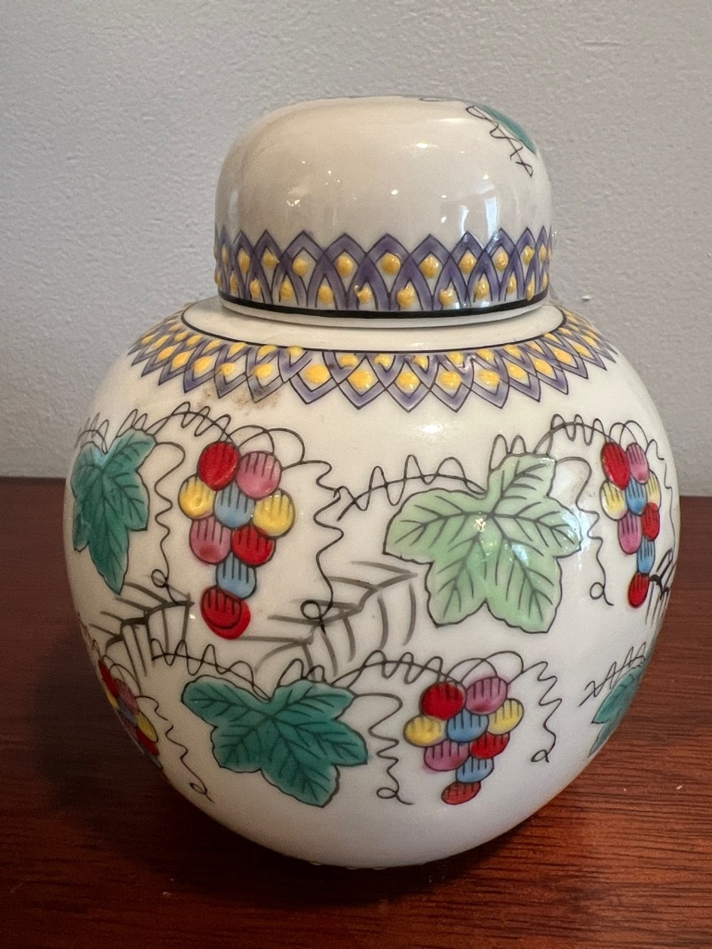 Hand-Painted Ceramic Ginger Jar with Multicolor Grape Motif
